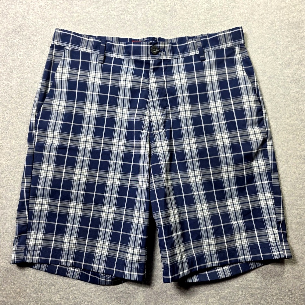 Chaps Golf Men's Performance Shorts 34 Blue Green Plaid Stretch Moisture Wicking